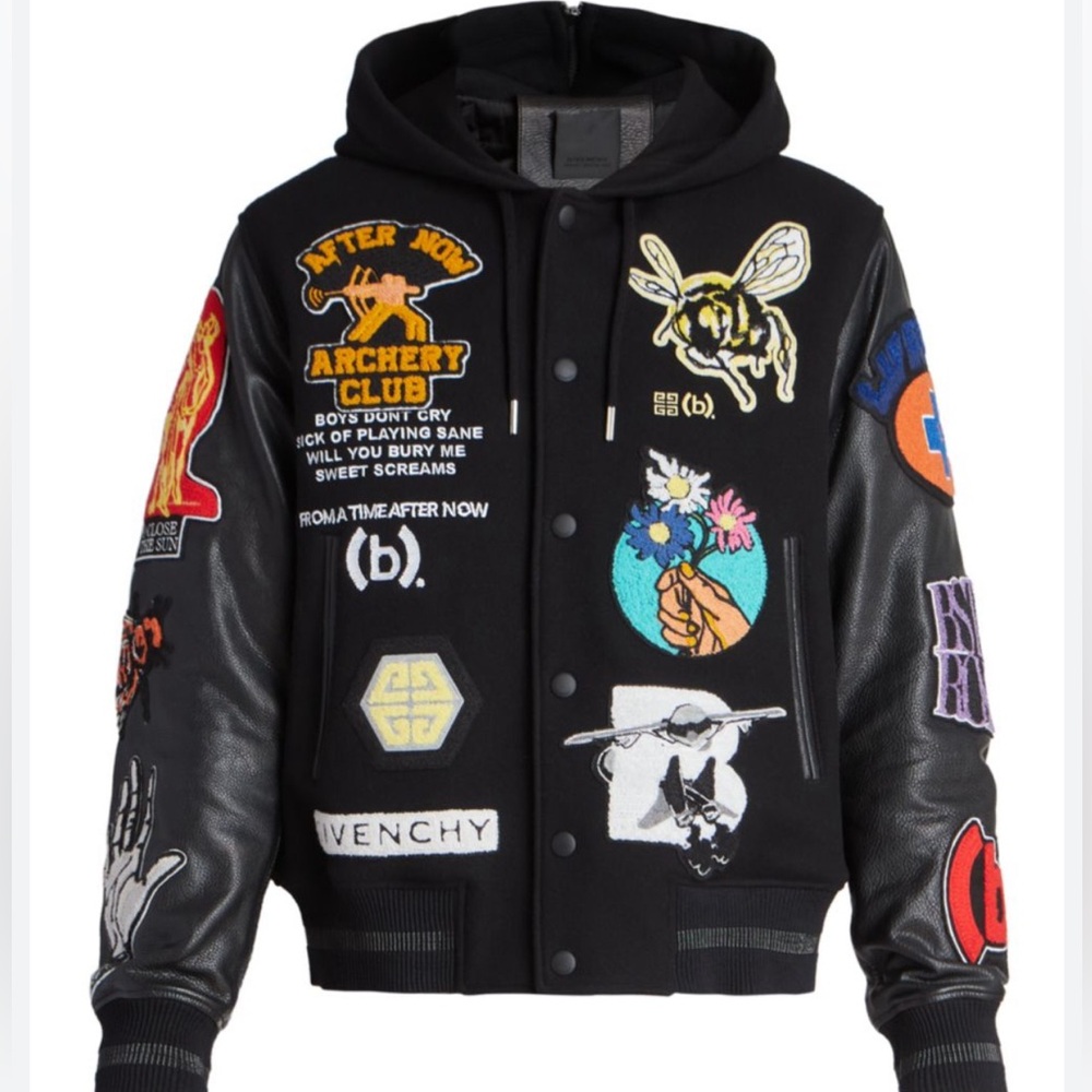 GIVENCHY STROY APPLIQUÉD WOOL-BLEND AND LEATHER HOODED VARSITY JACKET